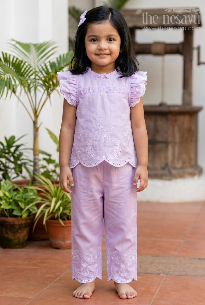 The Nesavu Girls Co-Ord Sets Girls Tropical Co Ord Outfit for Holiday Photo Moments Nesavu 22 (4Y) / Purple / Cotton Blend GCS067B-22 Nesavu Girls Tropical Embroidered Co Ord Outfit With Relaxed Fit Pants For Holiday Outings