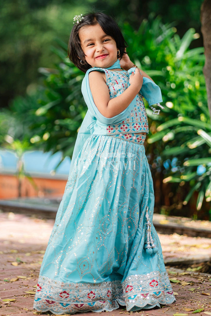 The Nesavu Girls Lehenga Choli Girls Turquoise Lehenga Choli with Delicate Floral Embroidery and Bold Hem Detailing for Special Occasions Nesavu 18 (2Y) / Turquoise GL504A-18 Nesavu Girls Aqua Lehenga Choli Sequin Embroidery Bold Hemline Festive Events