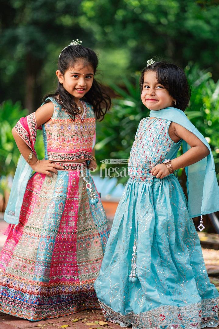 The Nesavu Girls Lehenga Choli Girls Turquoise Lehenga Choli with Delicate Floral Embroidery and Bold Hem Detailing for Special Occasions Nesavu Nesavu Girls Aqua Lehenga Choli Sequin Embroidery Bold Hemline Festive Events