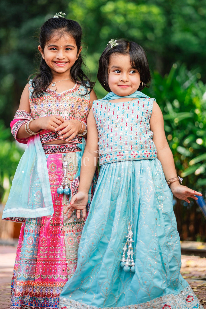 The Nesavu Girls Lehenga Choli Girls Turquoise Lehenga Choli with Delicate Floral Embroidery and Bold Hem Detailing for Special Occasions Nesavu Nesavu Girls Aqua Lehenga Choli Sequin Embroidery Bold Hemline Festive Events