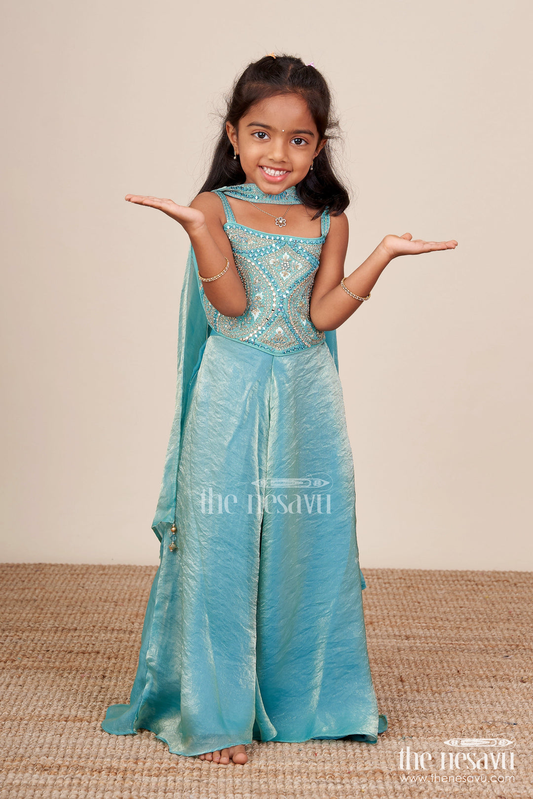 The Nesavu Girls Sharara / Plazo Set Girls Turquoise Sharara Set in Organza with Heavy Embroidered Yoke Nesavu 16 (1Y) / Turquoise GPS634A-16 Nesavu girls turquoise sharara set organza heavy embroidered yoke festive occasions