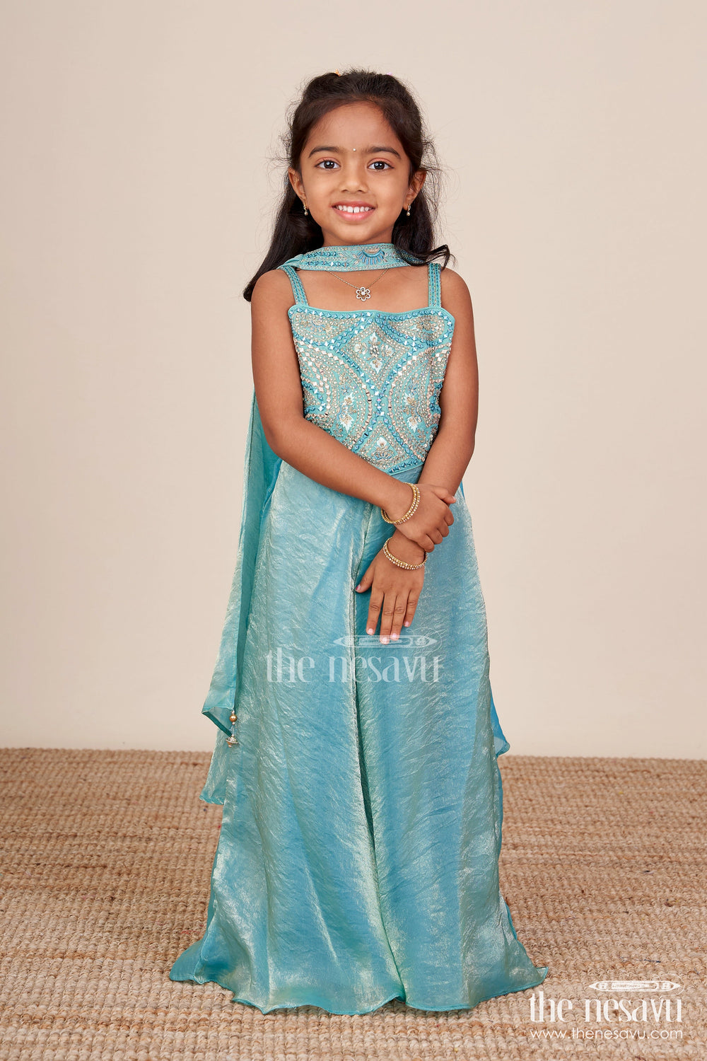 The Nesavu Girls Sharara / Plazo Set Girls Turquoise Sharara Set in Organza with Heavy Embroidered Yoke Nesavu Nesavu girls turquoise sharara set organza heavy embroidered yoke festive occasions
