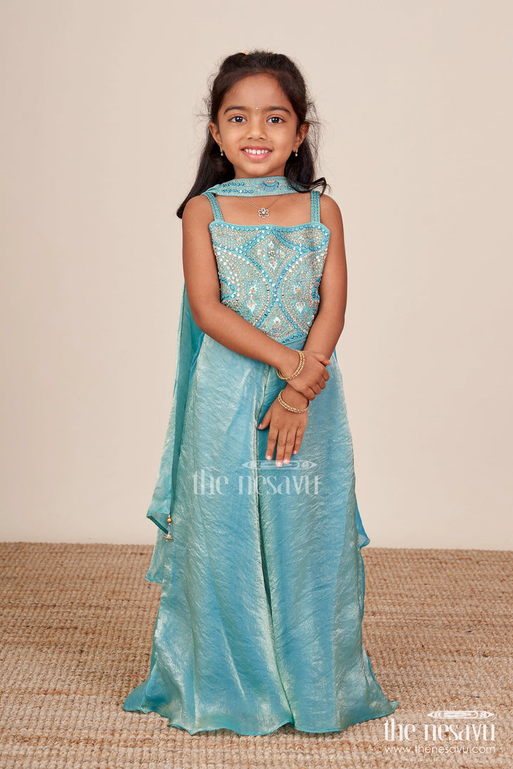 The Nesavu Girls Sharara / Plazo Set Girls Turquoise Sharara Set in Organza with Heavy Embroidered Yoke Nesavu Nesavu girls turquoise sharara set organza heavy embroidered yoke festive occasions