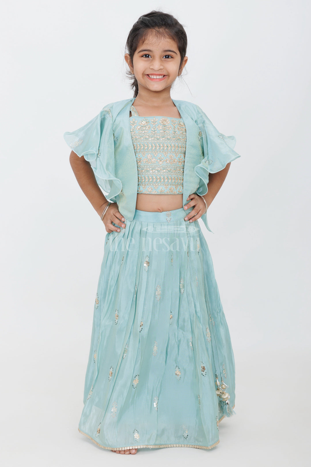 The Nesavu Girls Lehenga Choli Girls Turquoise Tissue Silk Lehenga Choli with Golden Embroidered Ruffled Jacket and Pleated Skirt Nesavu 16 (1Y) / Turquoise GL516A-16 Nesavu Girls Turquoise Tissue Silk Lehenga Choli Embroidered Ruffled Jacket Summer Weddings