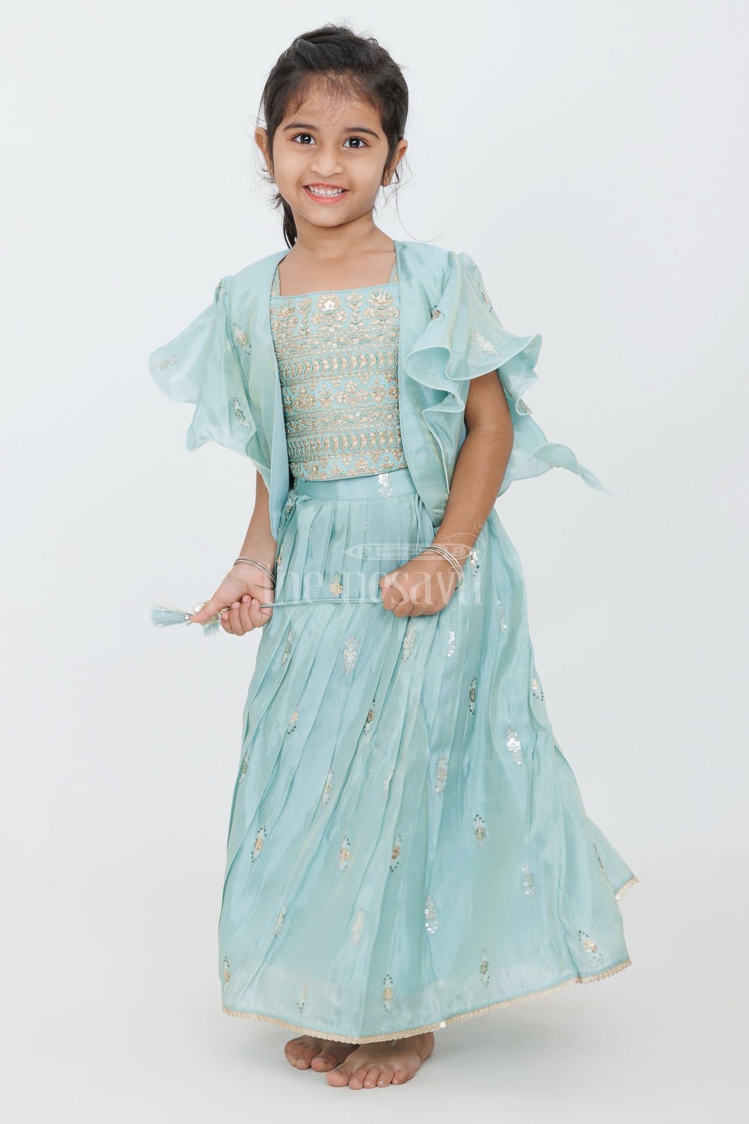 The Nesavu Girls Lehenga Choli Girls Turquoise Tissue Silk Lehenga Choli with Golden Embroidered Ruffled Jacket and Pleated Skirt Nesavu Nesavu Girls Turquoise Tissue Silk Lehenga Choli Embroidered Ruffled Jacket Summer Weddings