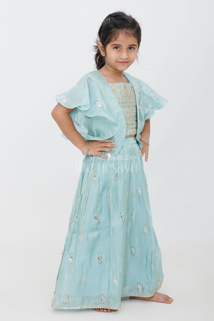 The Nesavu Girls Lehenga Choli Girls Turquoise Tissue Silk Lehenga Choli with Golden Embroidered Ruffled Jacket and Pleated Skirt Nesavu Nesavu Girls Turquoise Tissue Silk Lehenga Choli Embroidered Ruffled Jacket Summer Weddings