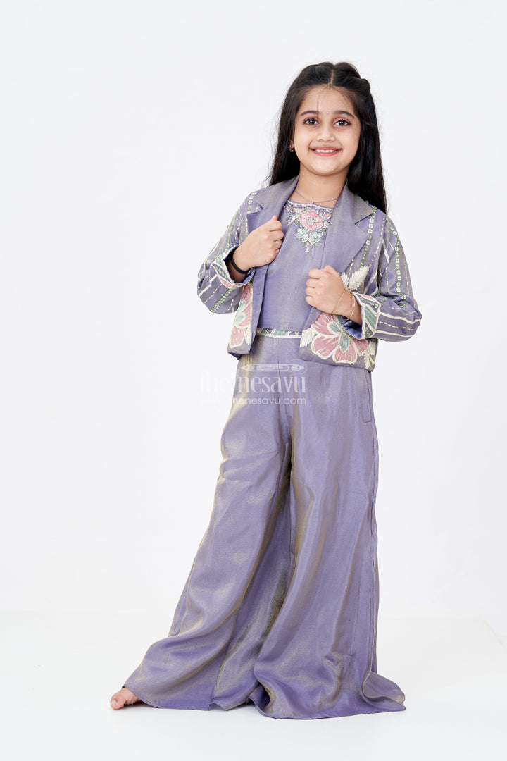 The Nesavu Girls Sharara / Plazo Set Girls Two Piece Suit Jacket Skirt Set in Banarasi Kora Tissue Silk with Floral Embroidery Nesavu 24 (5Y) / Purple GPS563A-24 Girls Two Piece Suit Jacket Skirt Banarasi Silk Floral Embroidery Stylish Cut | The Nesavu