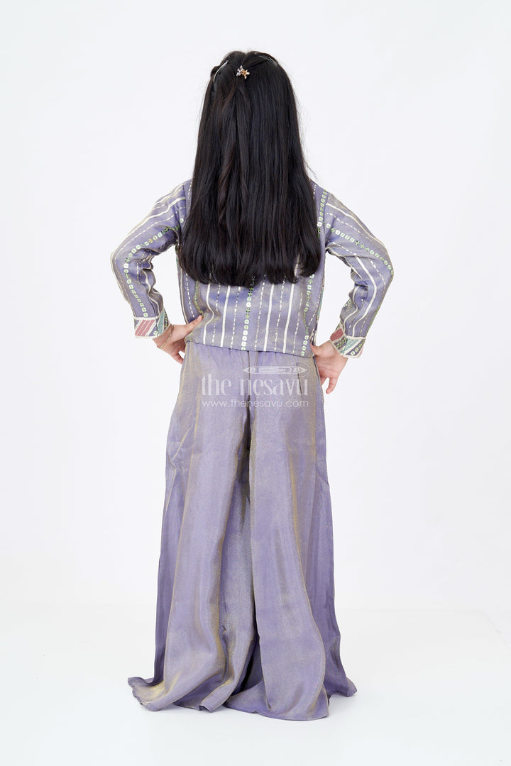 The Nesavu Girls Sharara / Plazo Set Girls Two Piece Suit Jacket Skirt Set in Banarasi Kora Tissue Silk with Floral Embroidery Nesavu Girls Two Piece Suit Jacket Skirt Banarasi Silk Floral Embroidery Stylish Cut | The Nesavu