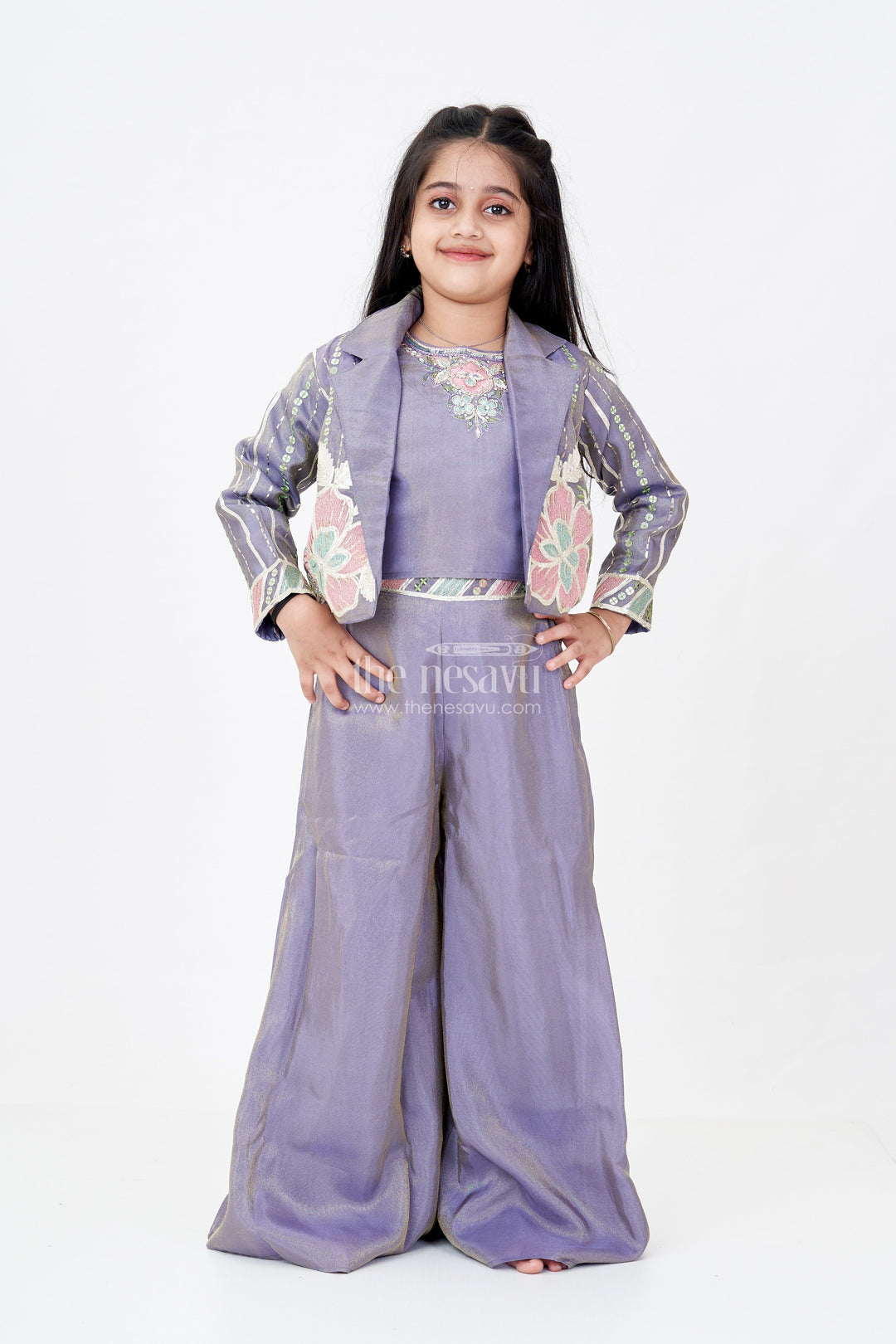 The Nesavu Girls Sharara / Plazo Set Girls Two Piece Suit Jacket Skirt Set in Banarasi Kora Tissue Silk with Floral Embroidery Nesavu Girls Two Piece Suit Jacket Skirt Banarasi Silk Floral Embroidery Stylish Cut | The Nesavu