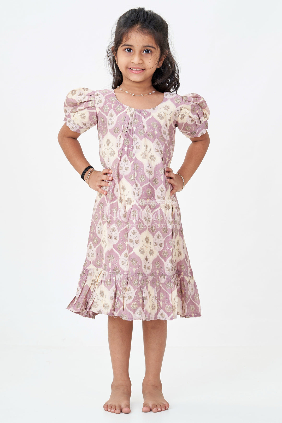 The Nesavu Girls Fancy Frock Girls Unique Frock Design in Lavender Muslin Silk with Leaf Print and Puffy Sleeves for Everyday Grace Nesavu Nesavu Lavender Muslin Silk Unique Frock Design Leaf Print Puff Sleeves Girls