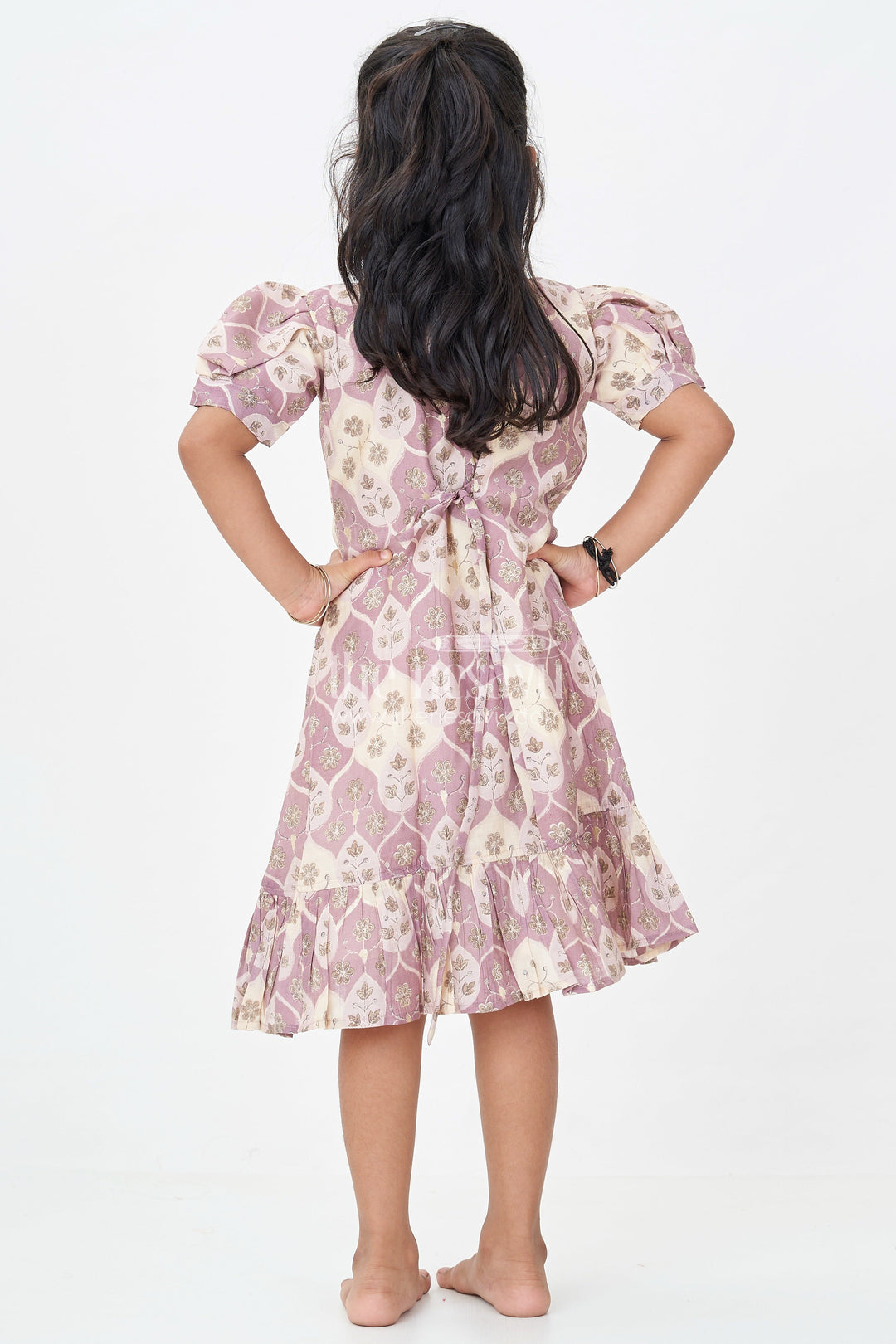 The Nesavu Girls Fancy Frock Girls Unique Frock Design in Lavender Muslin Silk with Leaf Print and Puffy Sleeves for Everyday Grace Nesavu Nesavu Lavender Muslin Silk Unique Frock Design Leaf Print Puff Sleeves Girls