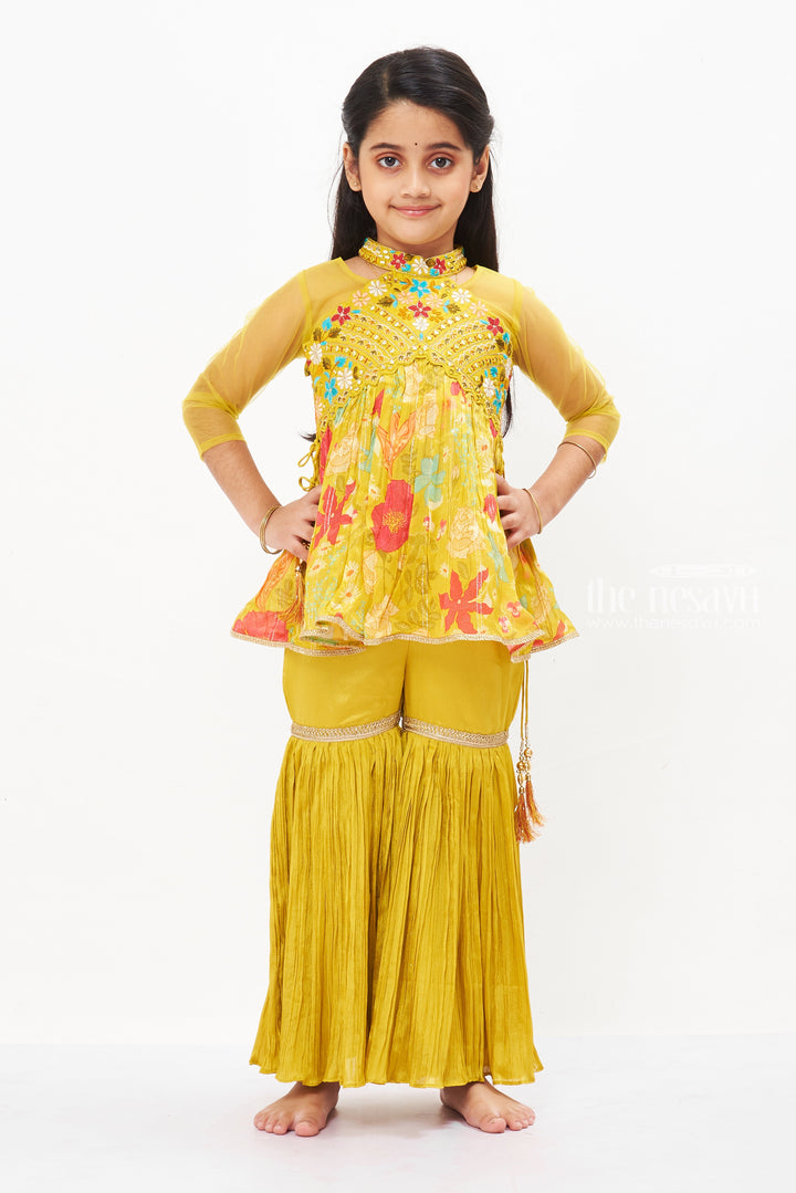 The Nesavu Girls Sharara / Plazo Set Girls Vibrant Art Silk Gharara Set - The Perfect Fusion of Tradition Nesavu 16 (1Y) / Yellow / Chiffon GPS284A-16 Shop Art Silk Gharara & Kurti Set for Girls | Trendy Festive Wear for Ugadi | The Nesavu