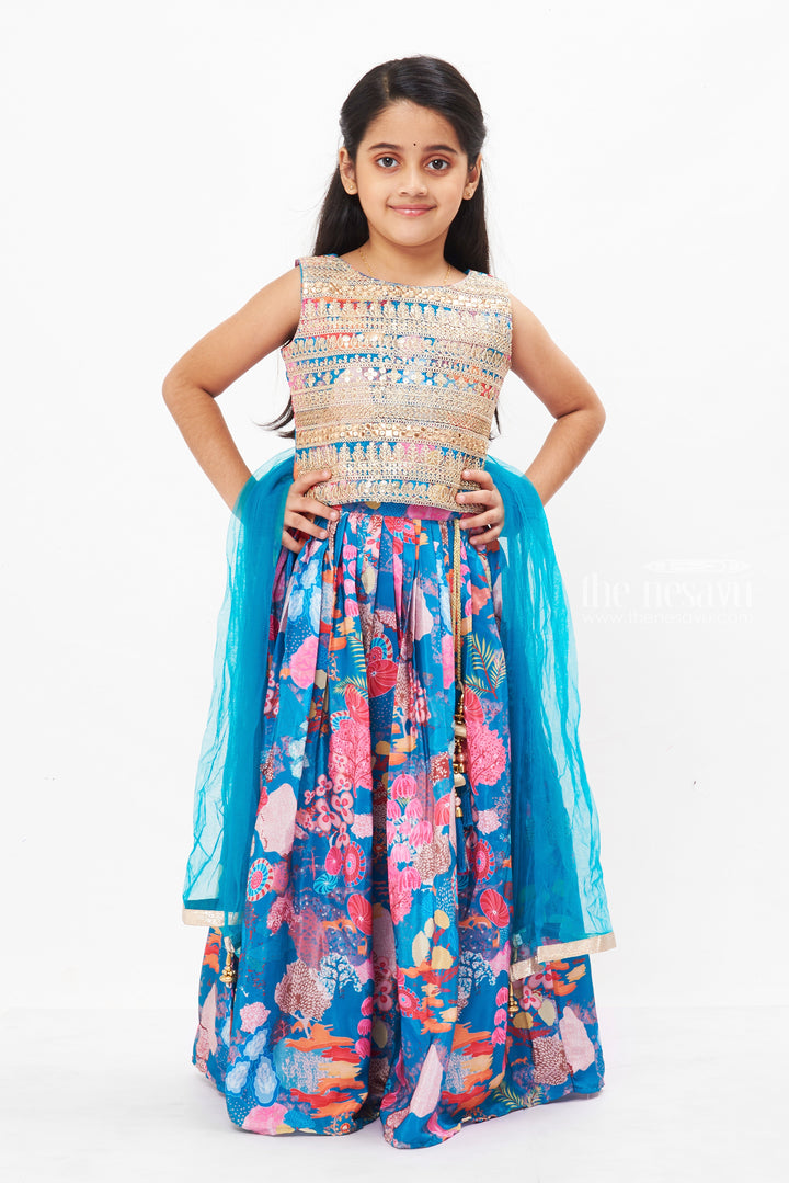 The Nesavu Girls Lehenga Choli Girls Vibrant Pattu Lehenga Choli - Festive Floral Silk Ensemble for Eid and Ugadi Nesavu 24 (5Y) / Blue / Georgette GL432A-24 Buy Floral Silk Pattu Lehenga Choli for Girls | Traditional Eid & Ugadi Wear | The Nesavu