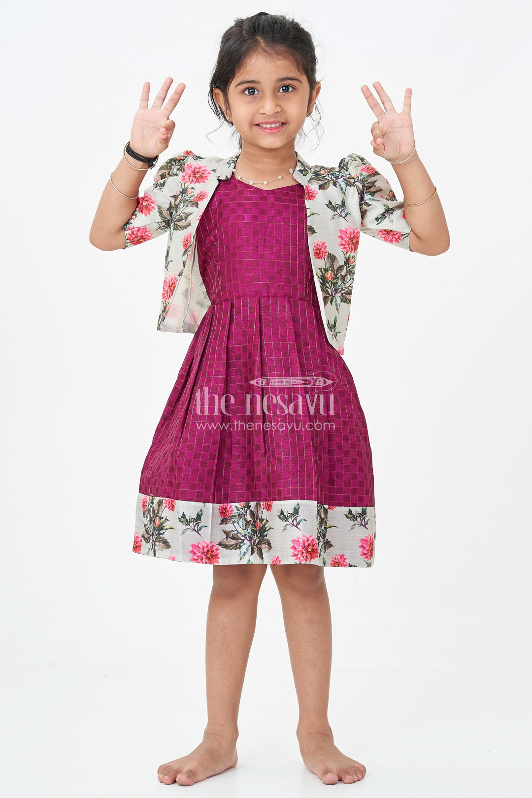 The Nesavu Silk Frock Girls Violet Frock in Silk Cotton with Floral Chanderi Overcoat and Contrasting Skirt Borders Nesavu 18 (2Y) / Pink SF1019A-18 Nesavu Violet Frock Girls Silk Cotton Floral Chanderi Overcoat Printed Border