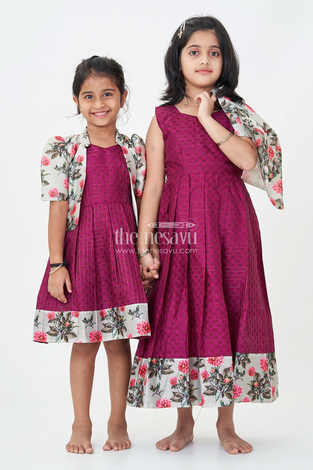 The Nesavu Silk Frock Girls Violet Frock in Silk Cotton with Floral Chanderi Overcoat and Contrasting Skirt Borders Nesavu Nesavu Violet Frock Girls Silk Cotton Floral Chanderi Overcoat Printed Border