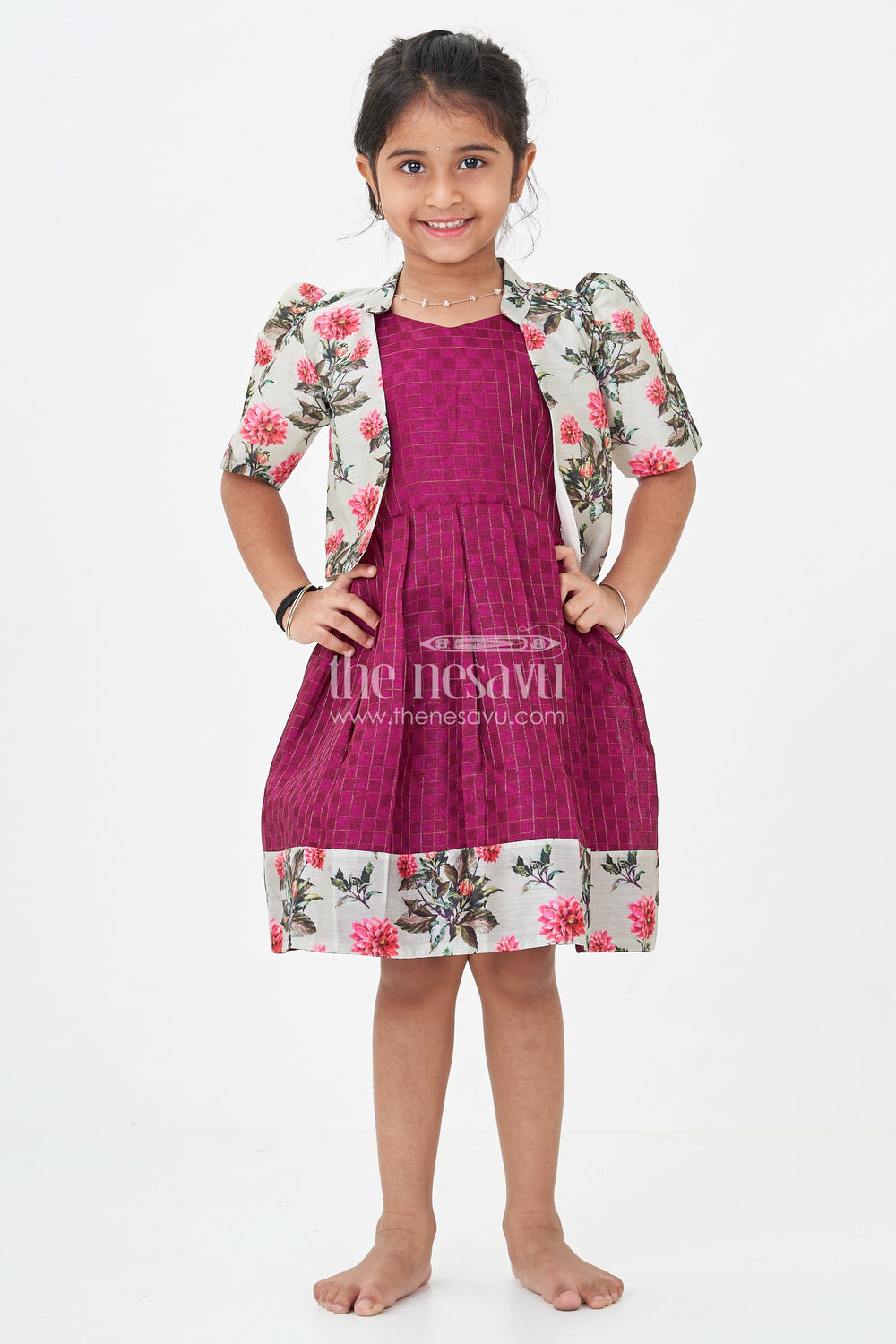 The Nesavu Silk Frock Girls Violet Frock in Silk Cotton with Floral Chanderi Overcoat and Contrasting Skirt Borders Nesavu Nesavu Violet Frock Girls Silk Cotton Floral Chanderi Overcoat Printed Border
