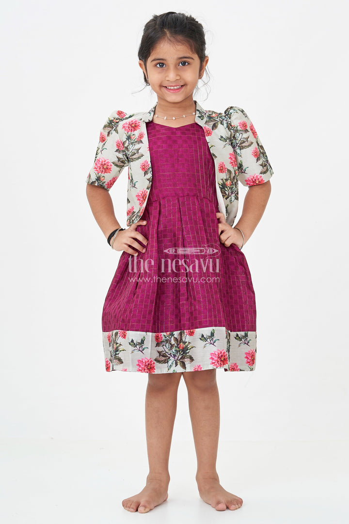 The Nesavu Silk Frock Girls Violet Frock in Silk Cotton with Floral Chanderi Overcoat and Contrasting Skirt Borders Nesavu Nesavu Violet Frock Girls Silk Cotton Floral Chanderi Overcoat Printed Border
