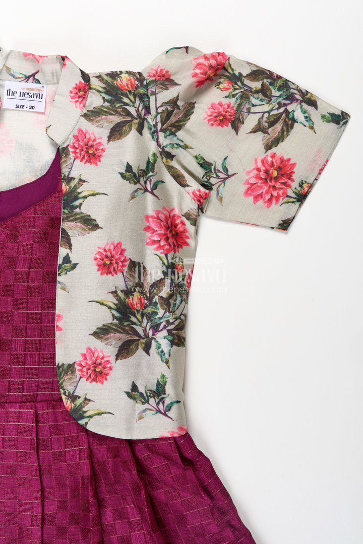 The Nesavu Silk Frock Girls Violet Frock in Silk Cotton with Floral Chanderi Overcoat and Contrasting Skirt Borders Nesavu Nesavu Violet Frock Girls Silk Cotton Floral Chanderi Overcoat Printed Border