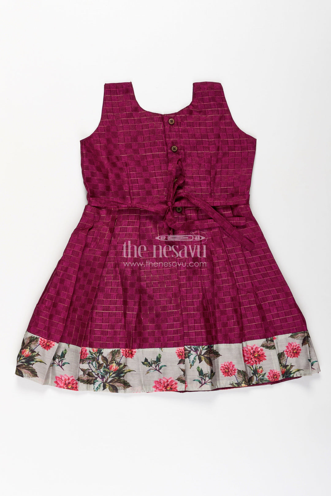 The Nesavu Silk Frock Girls Violet Frock in Silk Cotton with Floral Chanderi Overcoat and Contrasting Skirt Borders Nesavu Nesavu Violet Frock Girls Silk Cotton Floral Chanderi Overcoat Printed Border