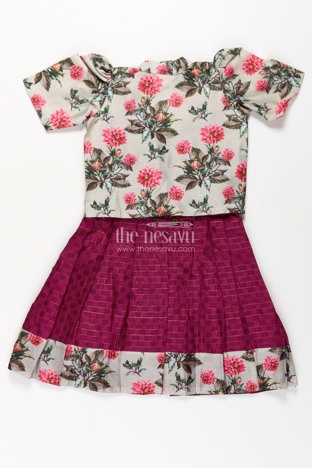 The Nesavu Silk Frock Girls Violet Frock in Silk Cotton with Floral Chanderi Overcoat and Contrasting Skirt Borders Nesavu Nesavu Violet Frock Girls Silk Cotton Floral Chanderi Overcoat Printed Border