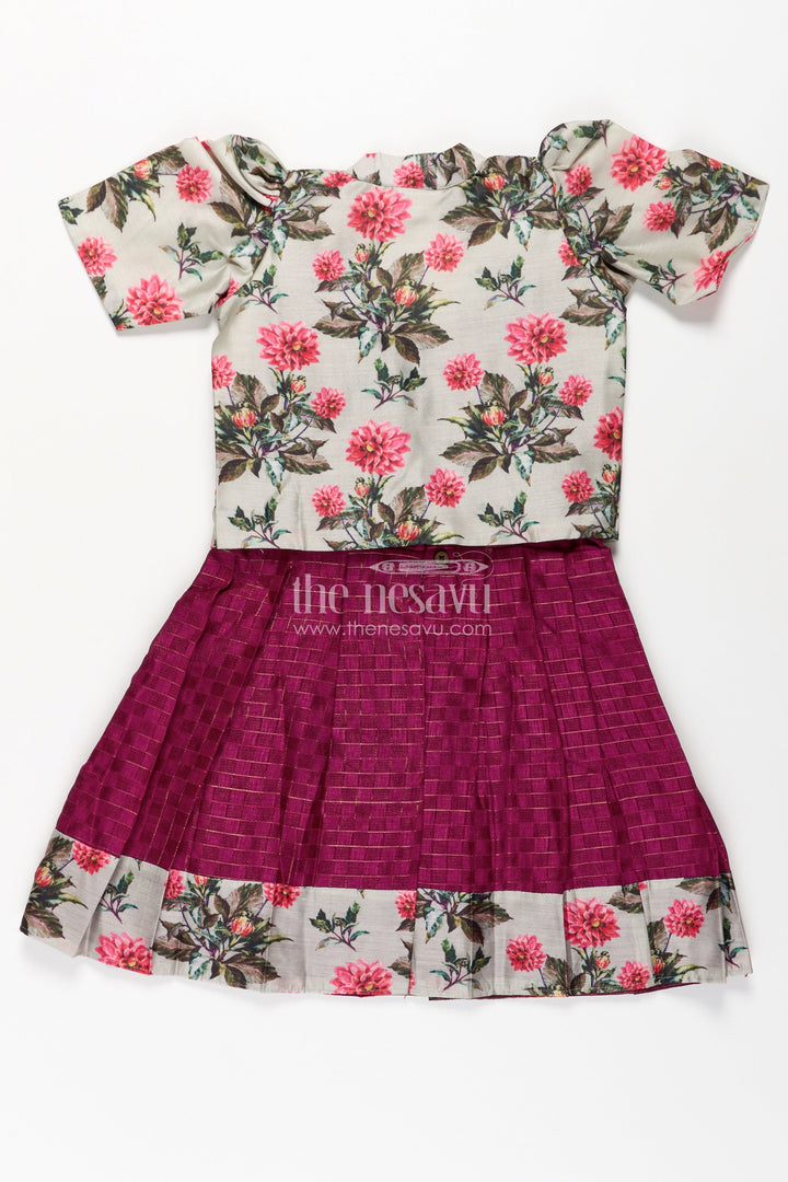 The Nesavu Silk Frock Girls Violet Frock in Silk Cotton with Floral Chanderi Overcoat and Contrasting Skirt Borders Nesavu Nesavu Violet Frock Girls Silk Cotton Floral Chanderi Overcoat Printed Border