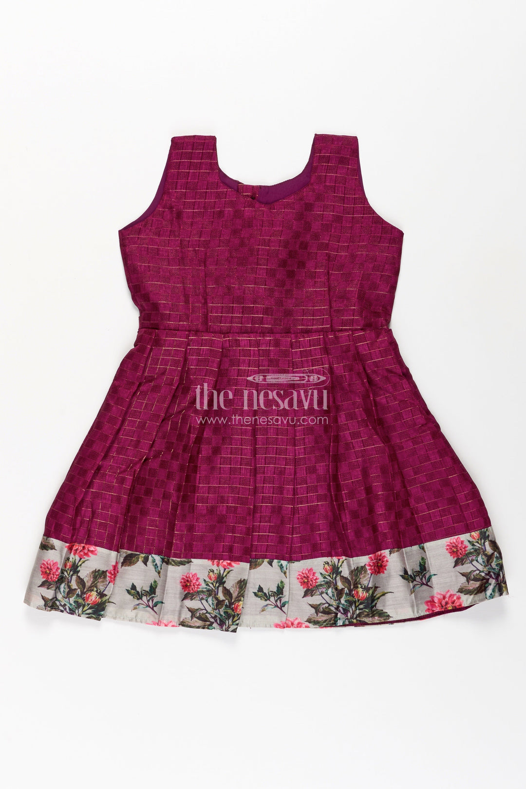 The Nesavu Silk Frock Girls Violet Frock in Silk Cotton with Floral Chanderi Overcoat and Contrasting Skirt Borders Nesavu Nesavu Violet Frock Girls Silk Cotton Floral Chanderi Overcoat Printed Border
