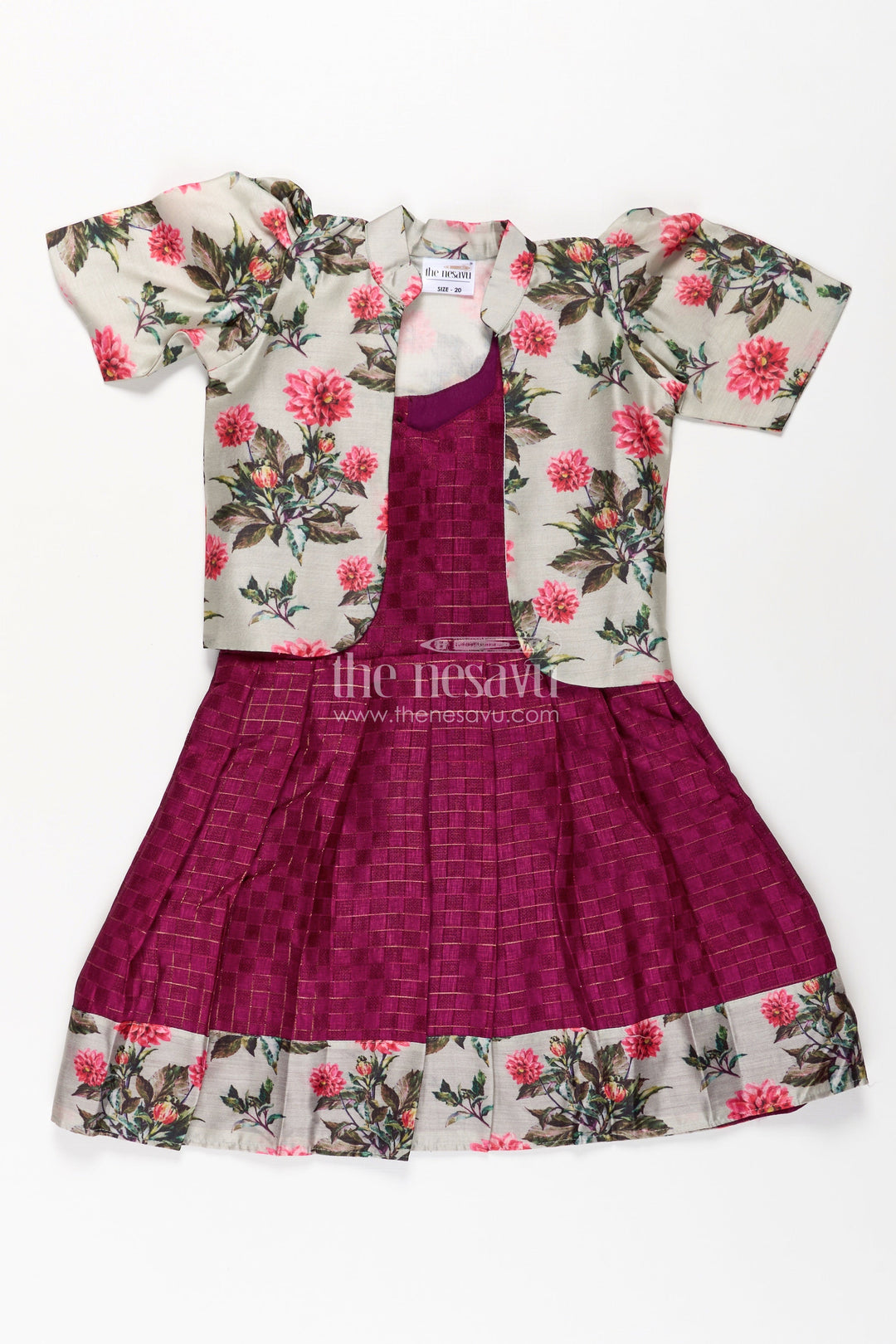 The Nesavu Silk Frock Girls Violet Frock in Silk Cotton with Floral Chanderi Overcoat and Contrasting Skirt Borders Nesavu Nesavu Violet Frock Girls Silk Cotton Floral Chanderi Overcoat Printed Border