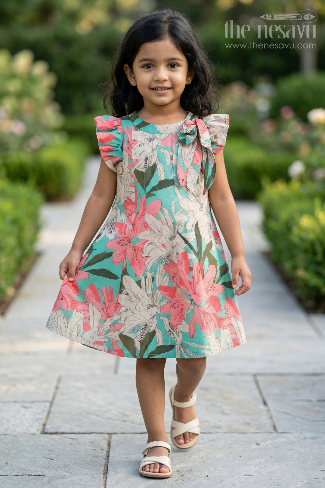 The Nesavu Girls Cotton Frock Girls Viscose Silk Acche Acche Frock with Ruffled Sleeves and Vibrant Red Green Floral Print Nesavu 18 (2Y) / Green GFC1663B-18 Girls Acche Acche Frock Viscose Silk Bold Floral Digital Print Stylish Neck Bow | The Nesavu