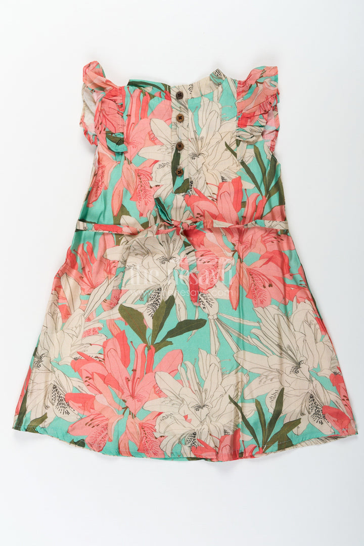 The Nesavu Girls Cotton Frock Girls Viscose Silk Acche Acche Frock with Ruffled Sleeves and Vibrant Red Green Floral Print Nesavu Girls Acche Acche Frock Viscose Silk Bold Floral Digital Print Stylish Neck Bow | The Nesavu