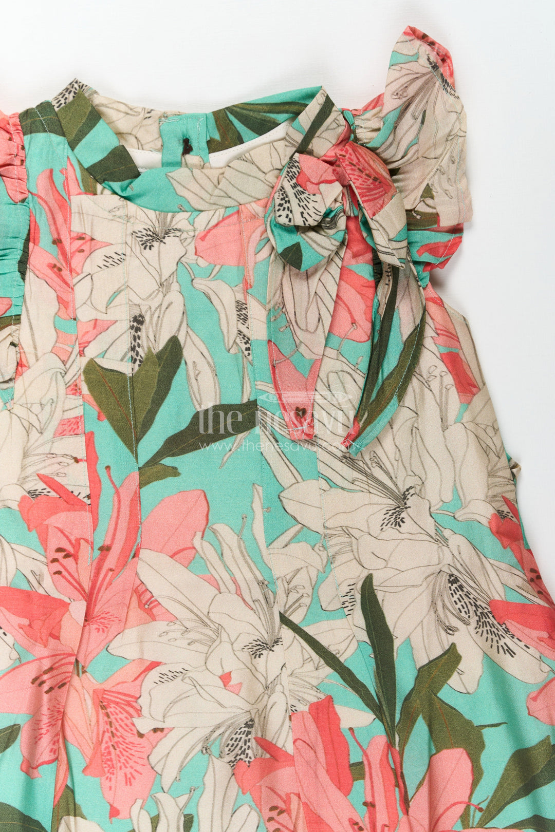 The Nesavu Girls Cotton Frock Girls Viscose Silk Acche Acche Frock with Ruffled Sleeves and Vibrant Red Green Floral Print Nesavu Nesavu Girls Acche Acche Frock Viscose Silk Bold Floral Digital Print Stylish Neck Bow