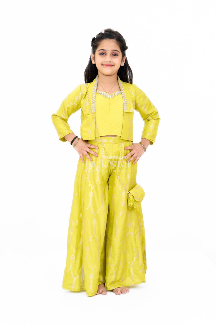 The Nesavu Girls Sharara / Plazo Set Girls Viscose Silk Bridal Sharara Set with Embroidered Jacket and Flared Pants Nesavu 24 (5Y) / Green GPS494A-24 Girls Bridal Sharara Set Viscose Silk Embroidered Jacket Flared Pants | The Nesavu