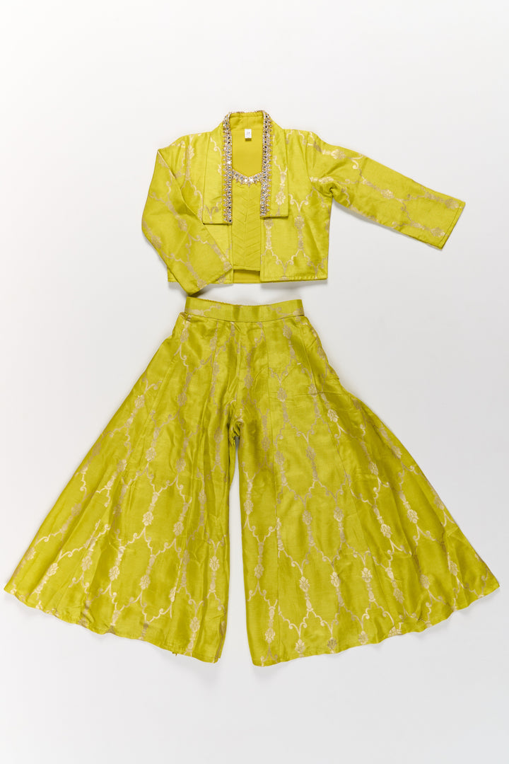 The Nesavu Girls Sharara / Plazo Set Girls Viscose Silk Bridal Sharara Set with Embroidered Jacket and Flared Pants Nesavu 24 (5Y) / Green GPS494A-24 Nesavu Girls Bridal Sharara Set Viscose Silk Embroidered Jacket Flared Pants