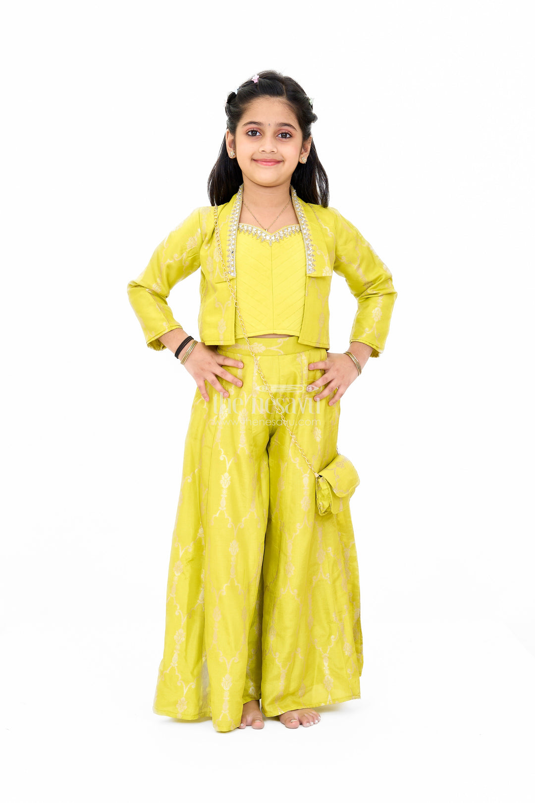 The Nesavu Girls Sharara / Plazo Set Girls Viscose Silk Bridal Sharara Set with Embroidered Jacket and Flared Pants Nesavu 24 (5Y) / Green GPS494A-24 Nesavu Girls Bridal Sharara Set Viscose Silk Embroidered Jacket Flared Pants