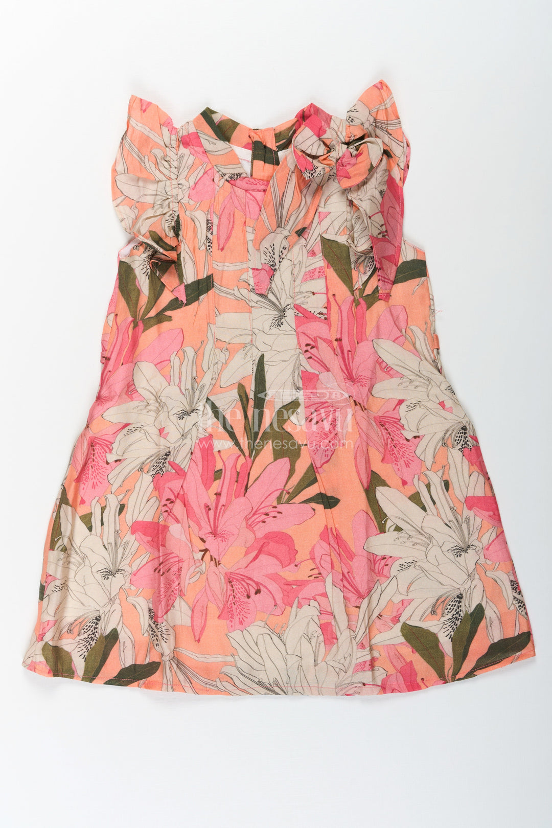 The Nesavu Girls Cotton Frock Girls Viscose Silk Fairy Frock with Soft Floral Digital Print and Ruffle Shoulder for Whimsical Everyday Charm Nesavu 18 (2Y) / Pink GFC1663C-18 Girls Fairy Frock Viscose Silk Ruffled Sleeves Magical Floral Digital Print | The Nesavu