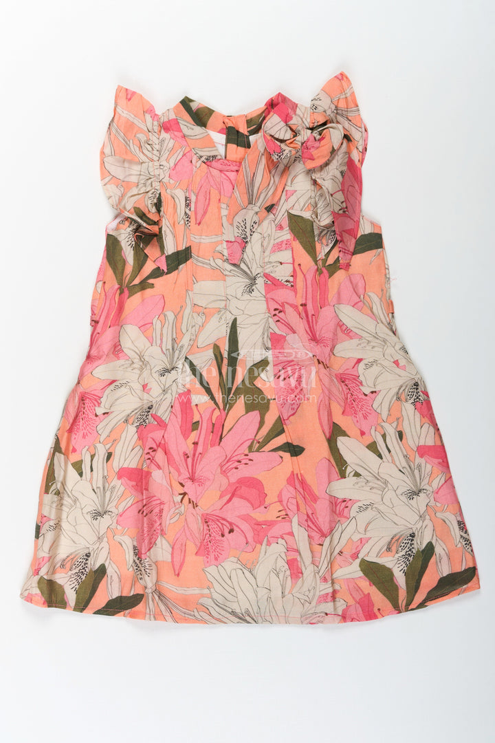 The Nesavu Girls Cotton Frock Girls Viscose Silk Fairy Frock with Soft Floral Digital Print and Ruffle Shoulder for Whimsical Everyday Charm Nesavu 18 (2Y) / Pink GFC1663C-18 Girls Fairy Frock Viscose Silk Ruffled Sleeves Magical Floral Digital Print | The Nesavu