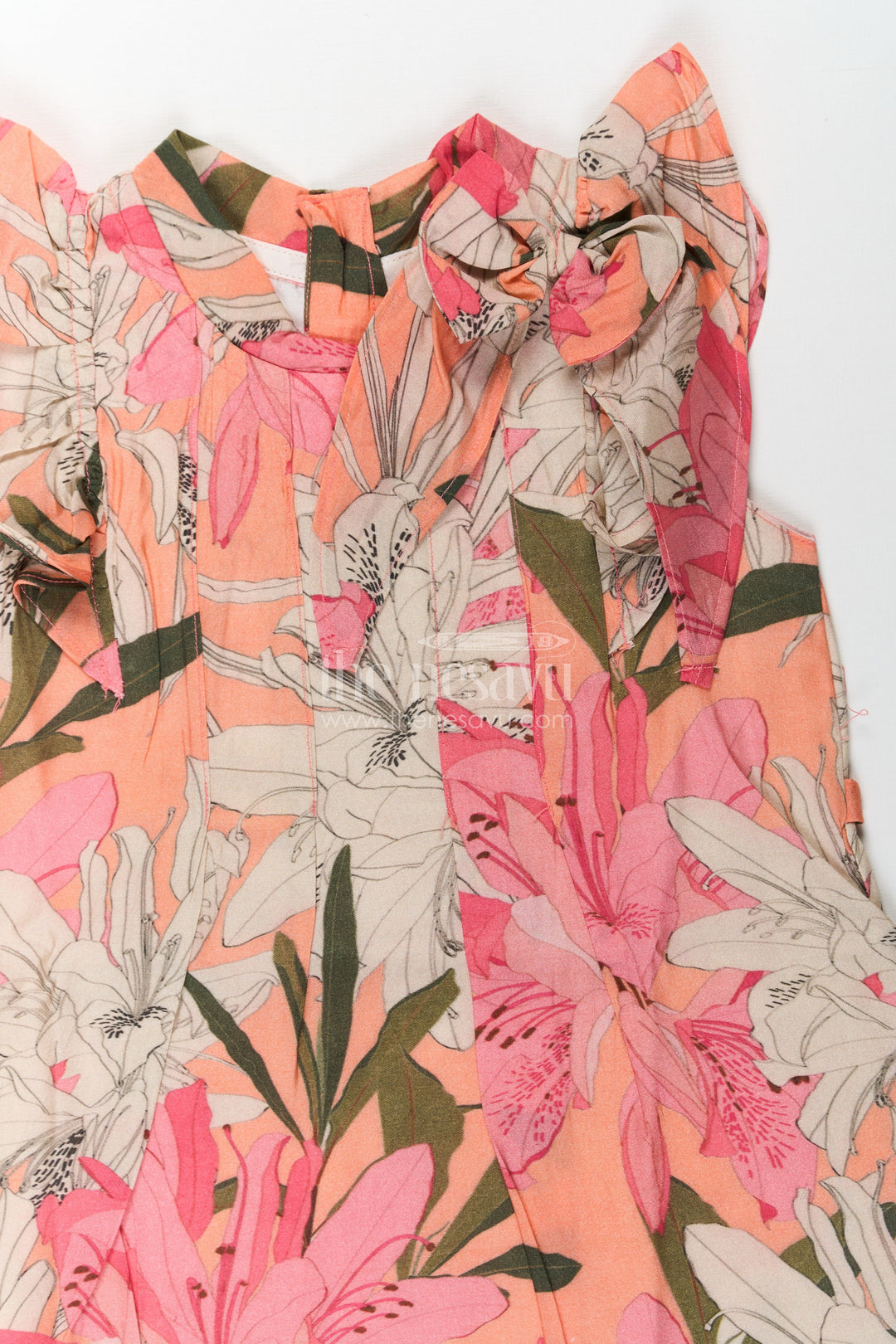 The Nesavu Girls Cotton Frock Girls Viscose Silk Fairy Frock with Soft Floral Digital Print and Ruffle Shoulder for Whimsical Everyday Charm Nesavu Girls Fairy Frock Viscose Silk Ruffled Sleeves Magical Floral Digital Print | The Nesavu