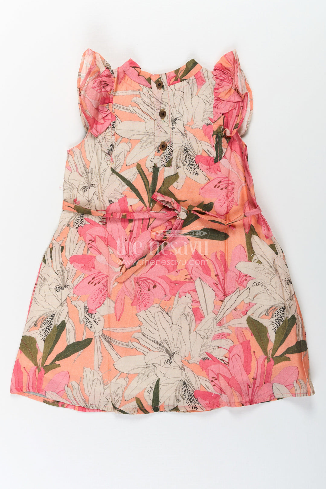 The Nesavu Girls Cotton Frock Girls Viscose Silk Fairy Frock with Soft Floral Digital Print and Ruffle Shoulder for Whimsical Everyday Charm Nesavu Nesavu Girls Fairy Frock Viscose Silk Ruffled Sleeves Magical Floral Digital Print