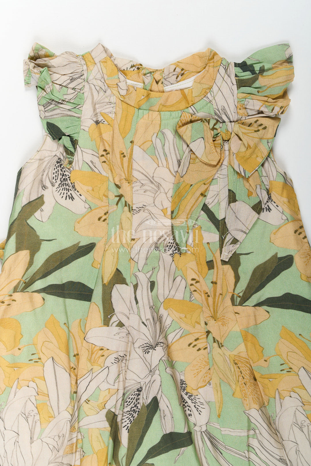 The Nesavu Girls Cotton Frock Girls Viscose Silk Flower Princess Dress with Ruffled Sleeves and Pastel Floral Digital Print Nesavu Nesavu Girls Flower Princess Dress Viscose Silk Pastel Floral Print Ruffle Sleeves