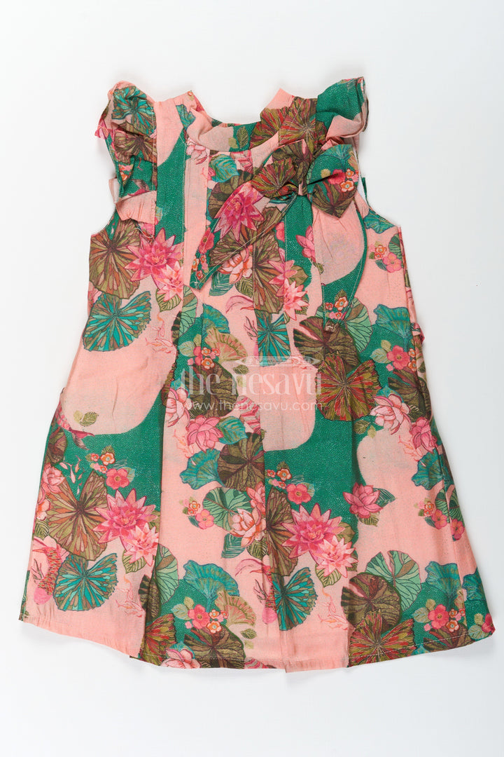 The Nesavu Girls Cotton Frock Girls Viscose Silk Frock Floral Design with Lotus Print and Pleated Details for Comfortable Daywear Nesavu 18 (2Y) / Pink GFC1664A-18 Nesavu Girls Frock Floral Design Viscose Silk Lotus Motifs Soft Ruffled Sleeves