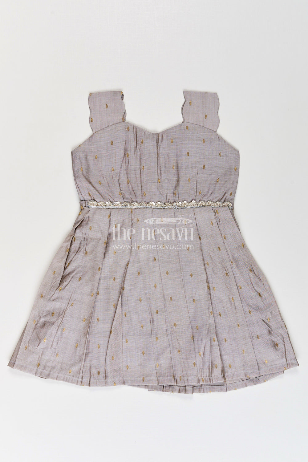 The Nesavu Silk Frock Girls Viscose Silk Frock in Elegant Grey with Pleated Skirt and Waist Embellishment in Plain Color Frock Style Nesavu 18 (2Y) / Gray SF991A-18 Nesavu Girls Plain Color Frock Grey Viscose Silk Embellished Waist Elegant Pleated Skirt