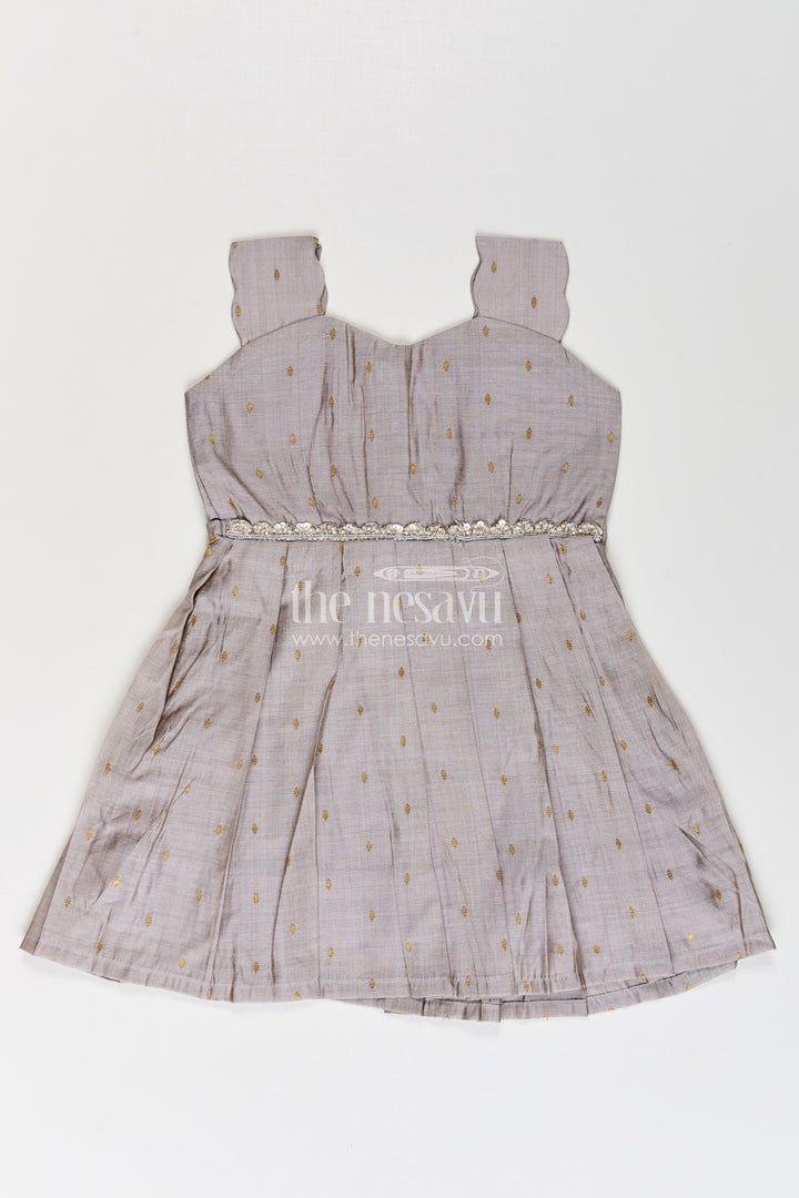 The Nesavu Silk Frock Girls Viscose Silk Frock in Elegant Grey with Pleated Skirt and Waist Embellishment in Plain Color Frock Style Nesavu 18 (2Y) / Gray SF991A-18 Nesavu Girls Plain Color Frock Grey Viscose Silk Embellished Waist Elegant Pleated Skirt