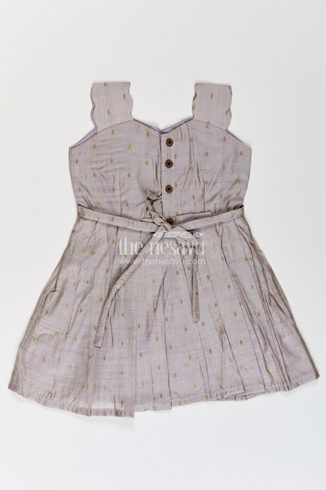 The Nesavu Silk Frock Girls Viscose Silk Frock in Elegant Grey with Pleated Skirt and Waist Embellishment in Plain Color Frock Style Nesavu Nesavu Girls Plain Color Frock Grey Viscose Silk Embellished Waist Elegant Pleated Skirt