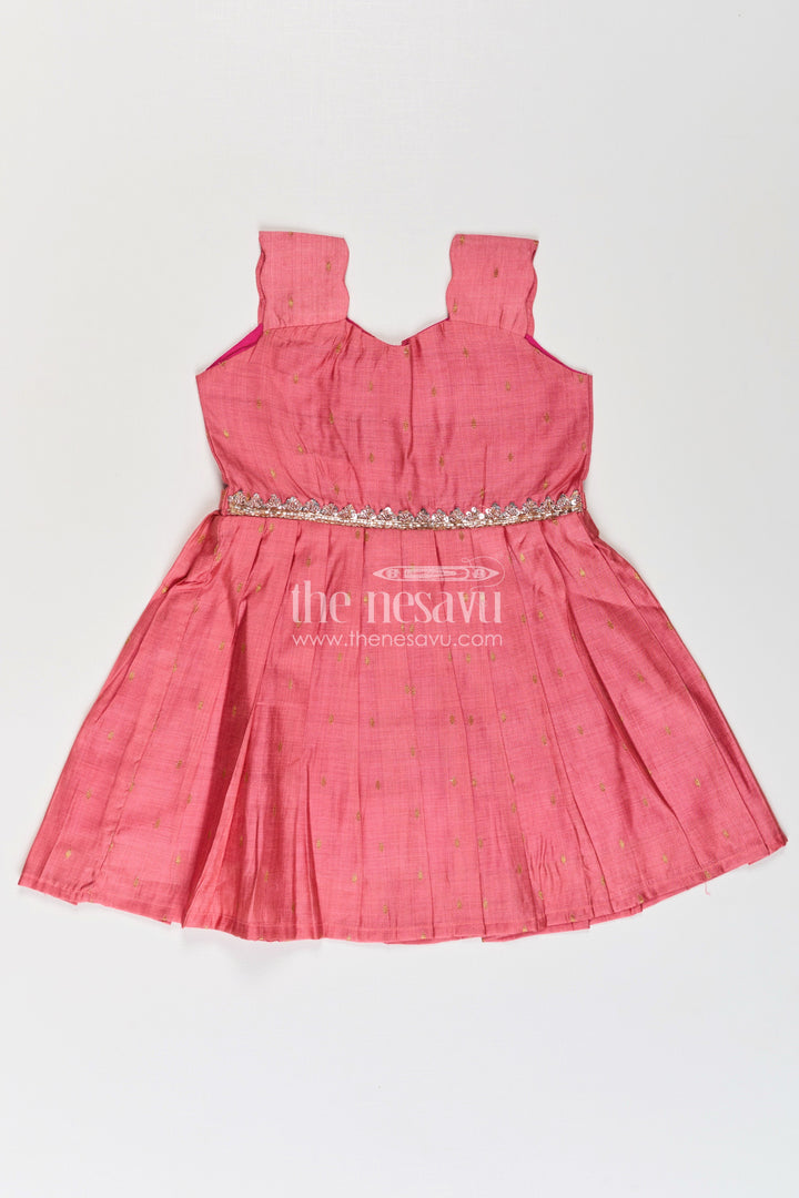 The Nesavu Silk Frock Girls Viscose Silk Frock in Rosy Pink with Embellished Waist and Box Pleats in Cute Pink Frock Style Nesavu 18 (2Y) / Pink SF991B-18 Nesavu Girls Cute Pink Frock Viscose Silk Sparkly Waist Embellishment Structured Pleats