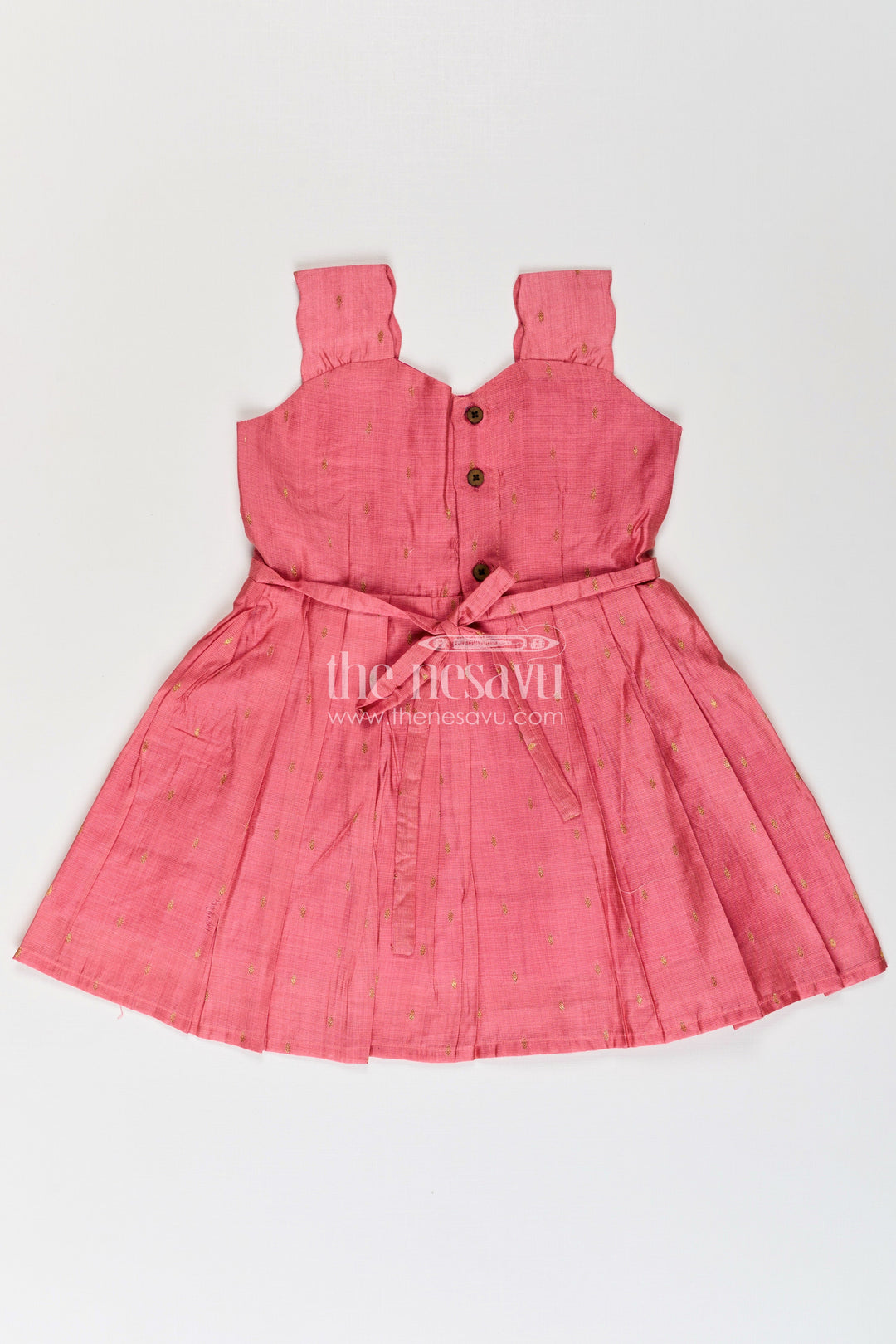 The Nesavu Silk Frock Girls Viscose Silk Frock in Rosy Pink with Embellished Waist and Box Pleats in Cute Pink Frock Style Nesavu Nesavu Girls Cute Pink Frock Viscose Silk Sparkly Waist Embellishment Structured Pleats
