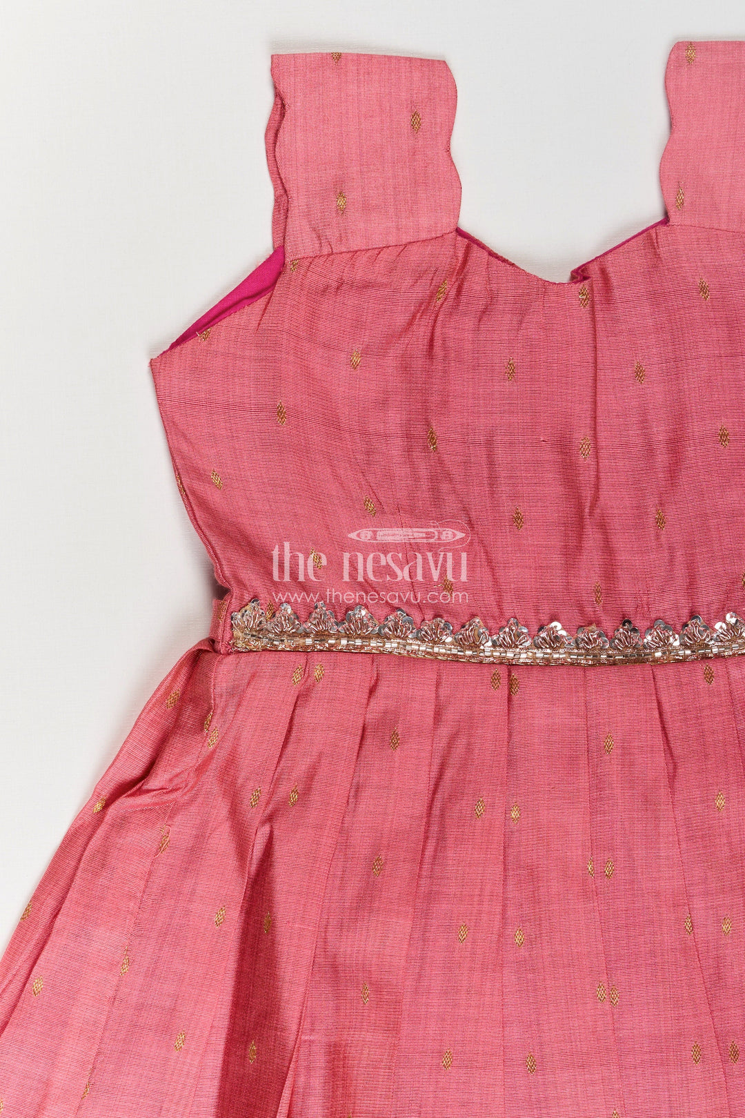 The Nesavu Silk Frock Girls Viscose Silk Frock in Rosy Pink with Embellished Waist and Box Pleats in Cute Pink Frock Style Nesavu Nesavu Girls Cute Pink Frock Viscose Silk Sparkly Waist Embellishment Structured Pleats