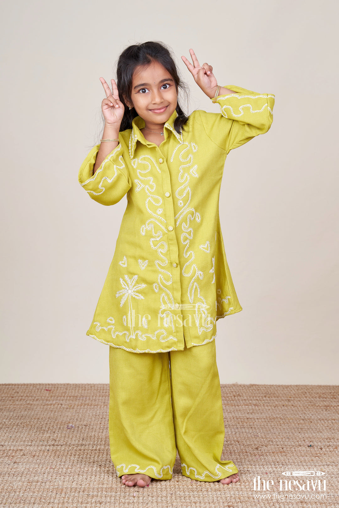 The Nesavu Girls Co-Ord Sets Girls Viscose Silk Plazo Set with Embroidery for Festive Wear Nesavu 24 (5Y) / Green GPS863B-24 Nesavu girls embroidered viscose silk plazo set weddings school events traditional functions