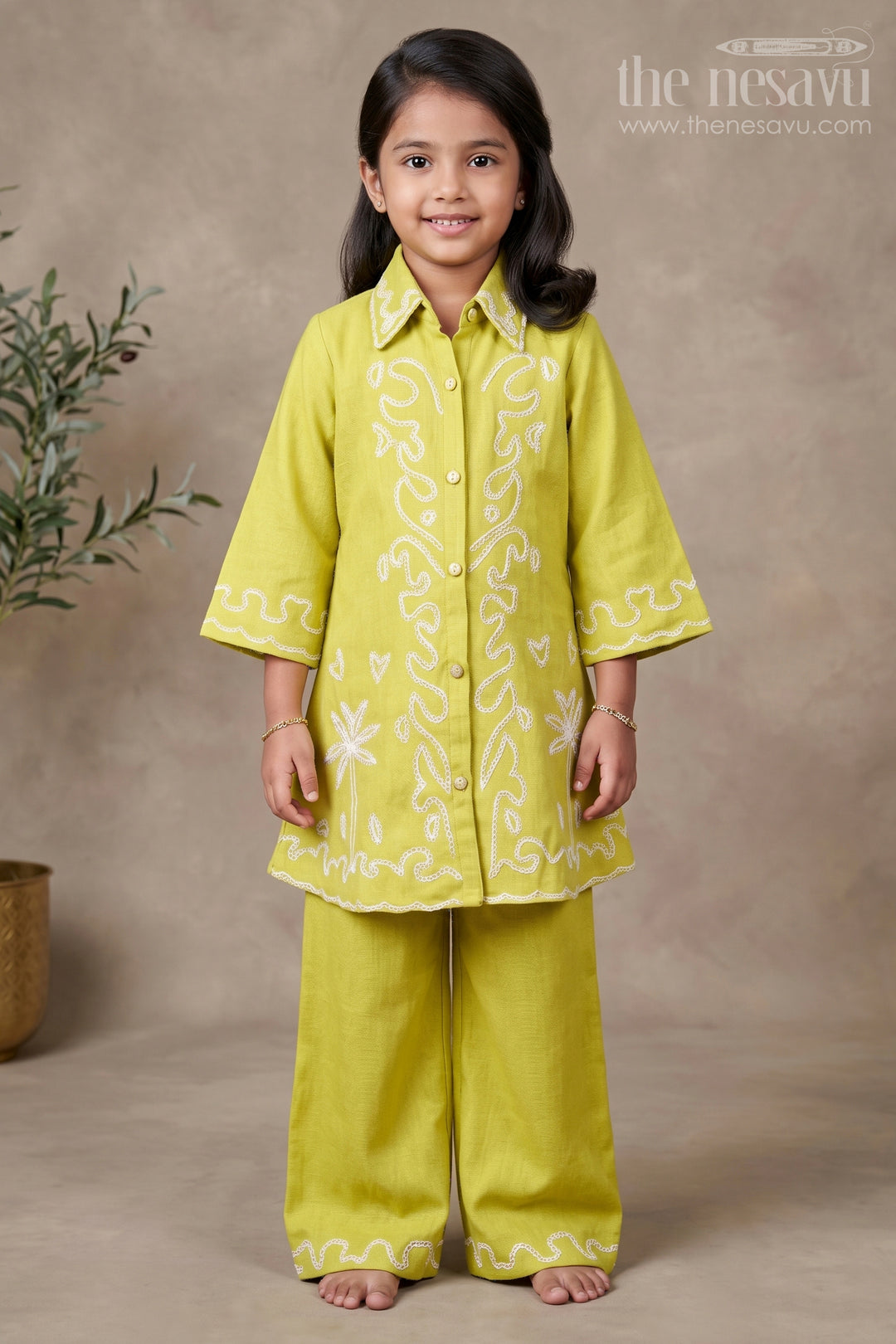 The Nesavu Girls Co-Ord Sets Girls Viscose Silk Plazo Set with Embroidery for Festive Wear Nesavu 24 (5Y) / Green GPS863B-24 Nesavu girls embroidered viscose silk plazo set weddings school events traditional functions