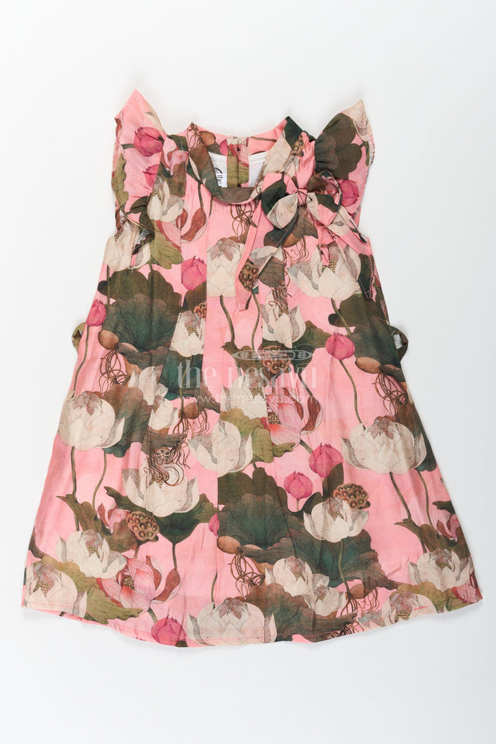 The Nesavu Girls Cotton Frock Girls Viscose Silk Rose Flower Frock with Soft Digital Print and Bow Detail for Elegant Everyday Style Nesavu 18 (2Y) / Pink GFC1662C-18 Nesavu Girls Viscose Silk Rose Flower Frock Digital Print Stylish Bow Neck Accent