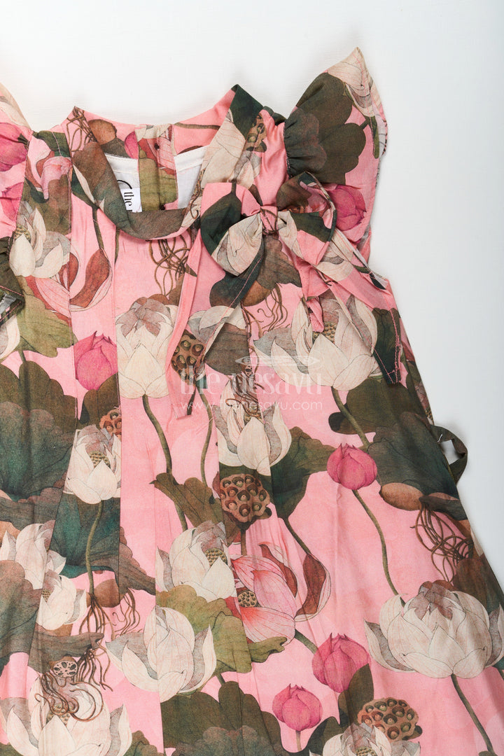 The Nesavu Girls Cotton Frock Girls Viscose Silk Rose Flower Frock with Soft Digital Print and Bow Detail for Elegant Everyday Style Nesavu Nesavu Girls Viscose Silk Rose Flower Frock Digital Print Stylish Bow Neck Accent