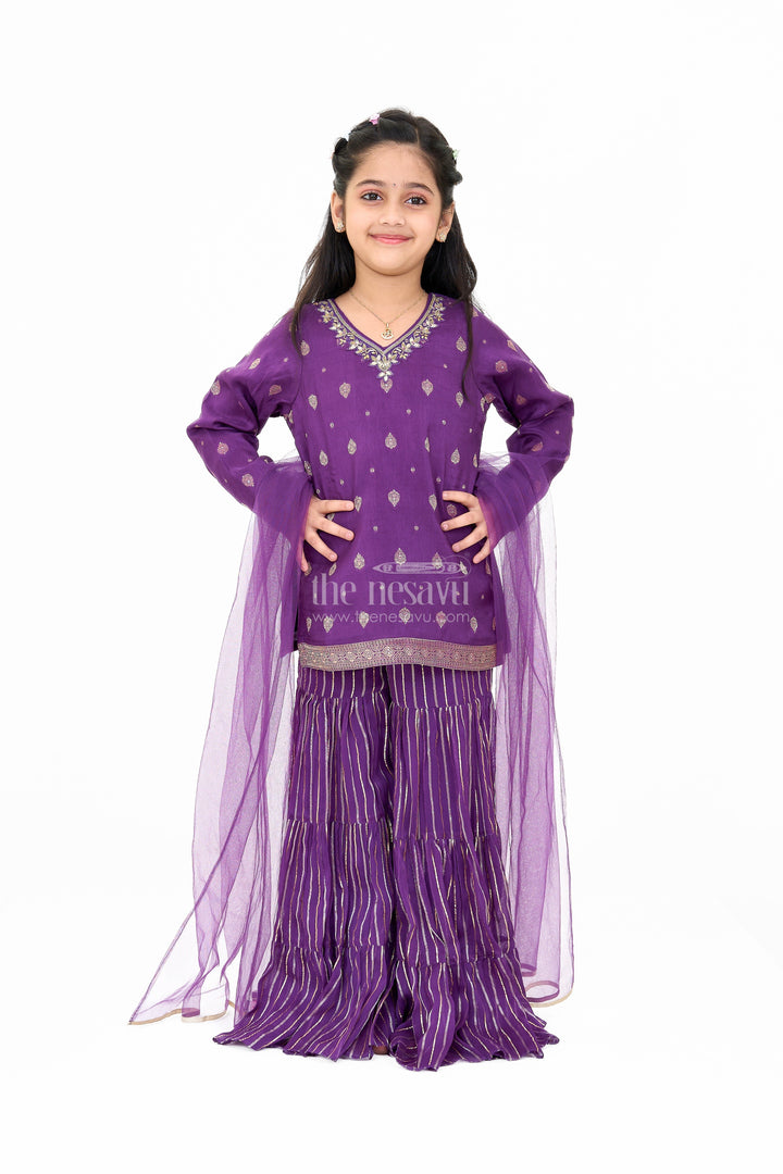 The Nesavu Girls Sharara / Plazo Set Girls Viscose Silk Sharara Set in Purple with Embellished Kurta and Ruffled Pants Nesavu 16 (1Y) / Purple GPS495A-16 Girls Party Wear Sharara Set Purple Embellished Kurta Ruffled Pants | The Nesavu